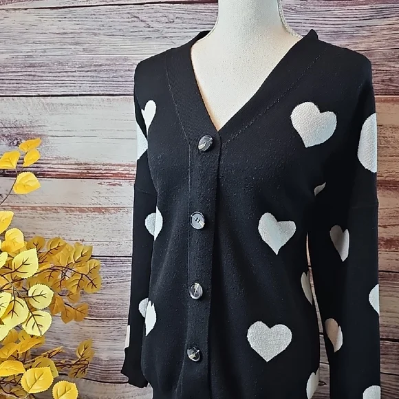SHEIN BLACK WHITE HEART LONG SLEEVE BUTTON-UP SWEATER CARDIGAN - Picture 1 of 11